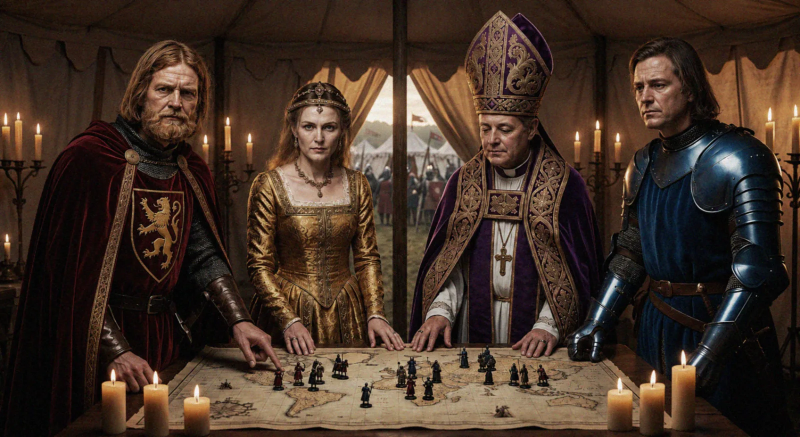 A king, a queen, a bishop and a knight around a campaign map in a tent.