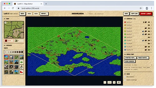 The editor open in a browser: the map list on the left, an island realm on the canvas, the county rail on the right.