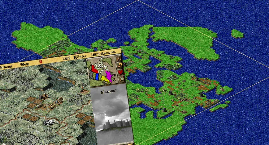 The Canada map open in the editor, its eleven counties spread across a northern coast, with a screenshot of the same map running in the game laid across one corner.